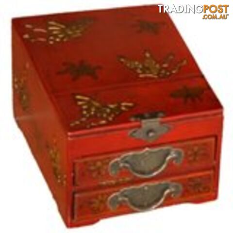 Red Two Drawers Mirror Box - Butterflies