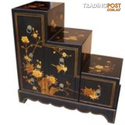 Black Japanese Step Chest 3 Layers with Flower Painting