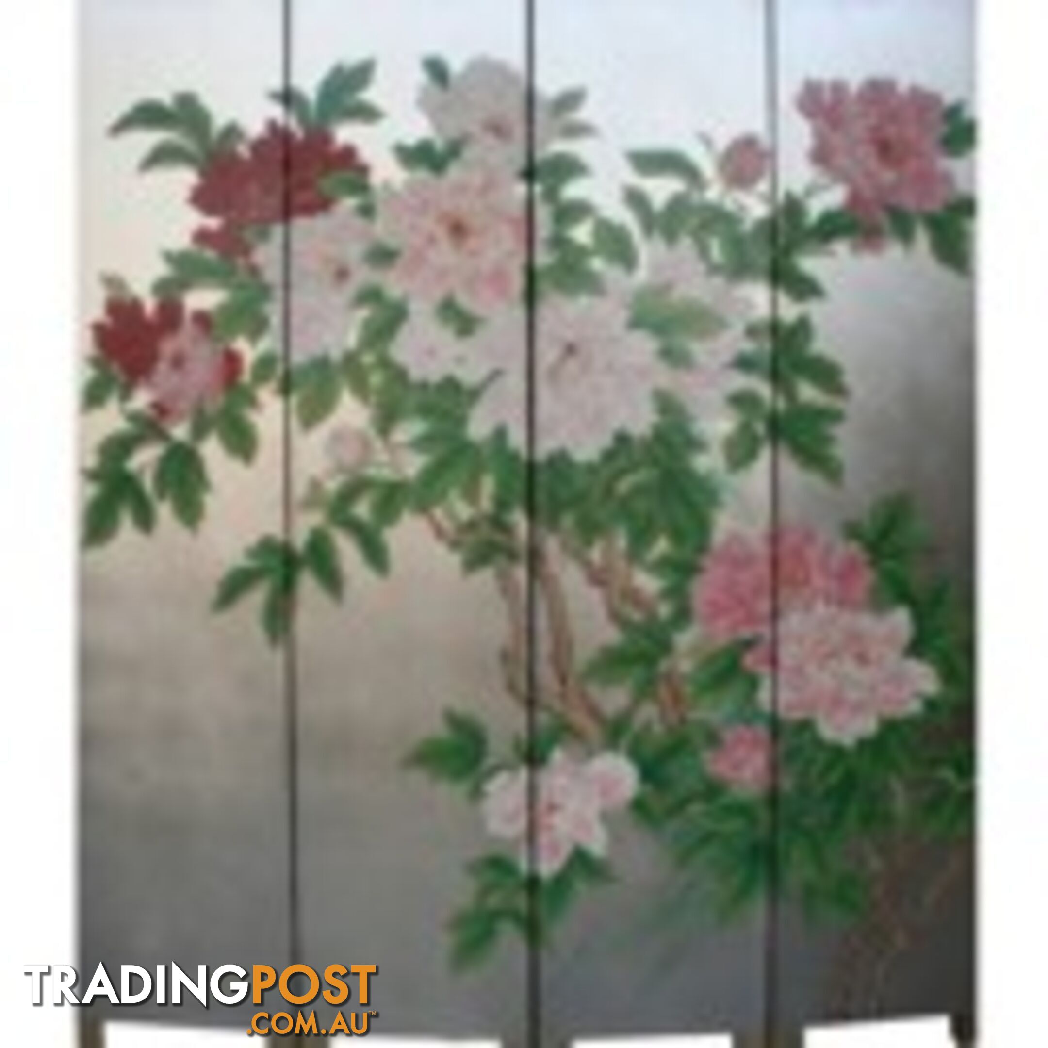 Oriental Flora Peony Room Divider Screen - Silver Leaf Background