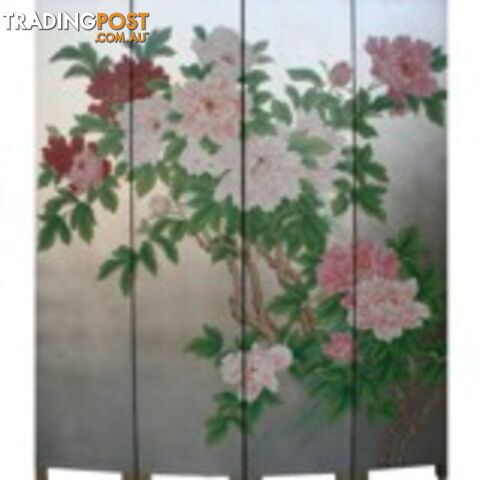 Oriental Flora Peony Room Divider Screen - Silver Leaf Background