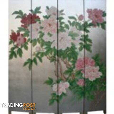 Oriental Flora Peony Room Divider Screen - Silver Leaf Background