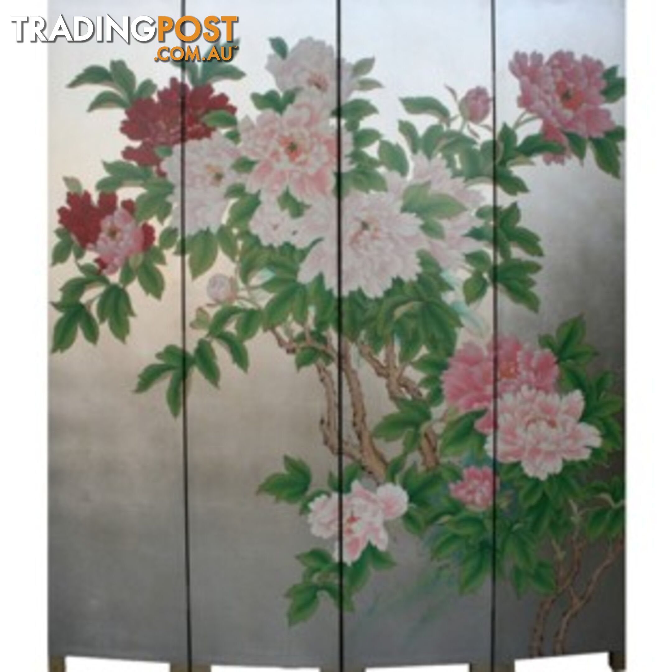 Oriental Flora Peony Room Divider Screen - Silver Leaf Background