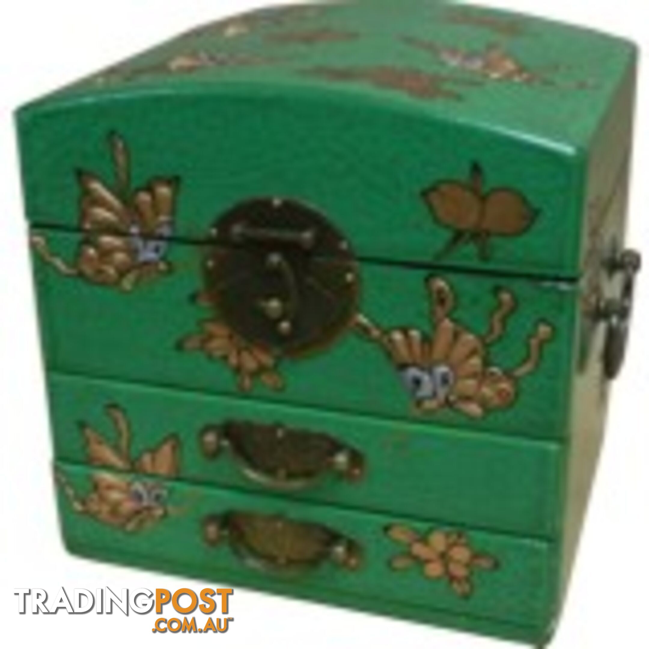 Dome Top Green Two Drawers Mirror Box - Embossed Butterflies