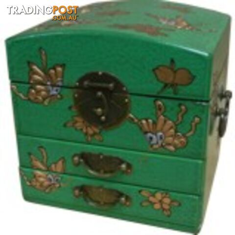 Dome Top Green Two Drawers Mirror Box - Embossed Butterflies