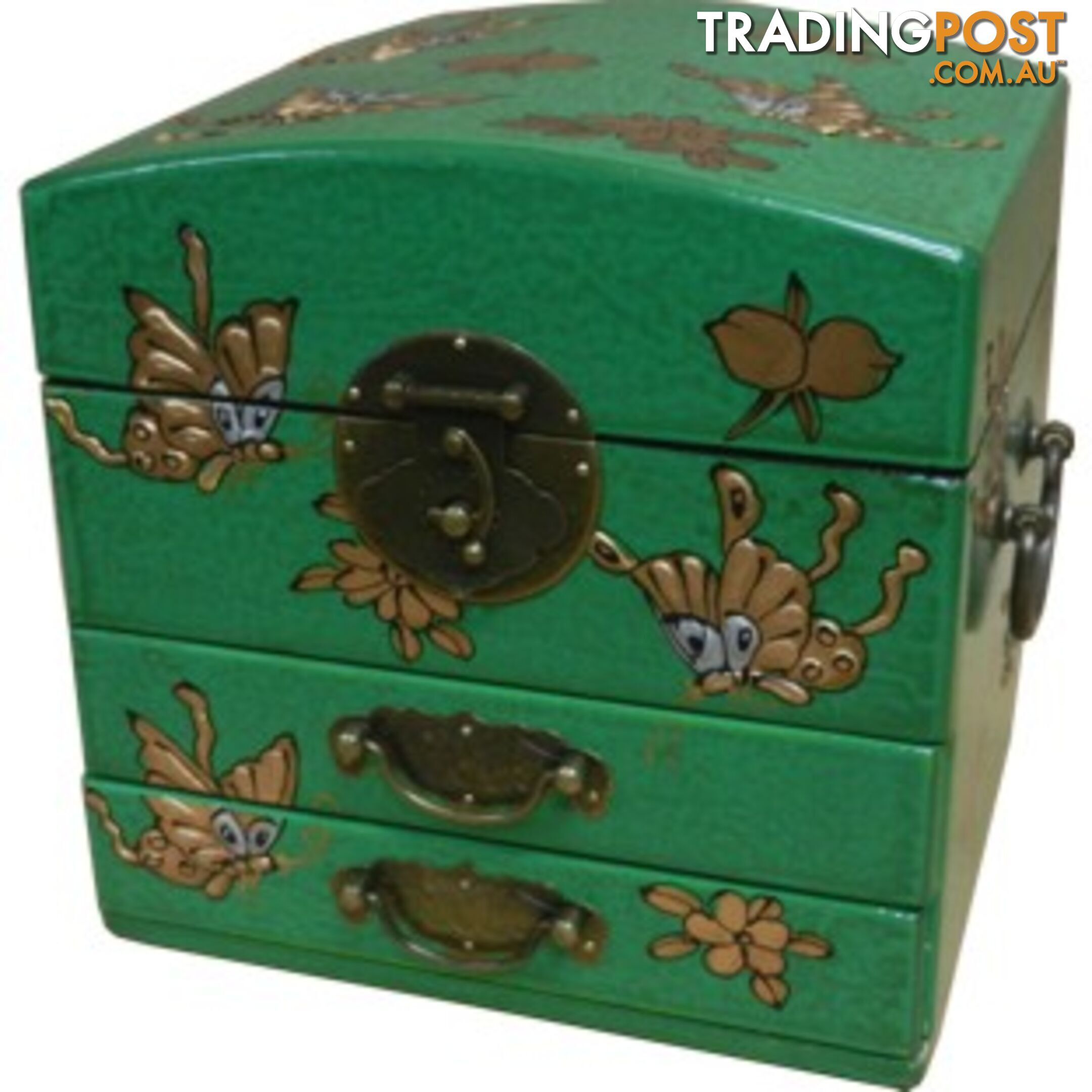 Dome Top Green Two Drawers Mirror Box - Embossed Butterflies