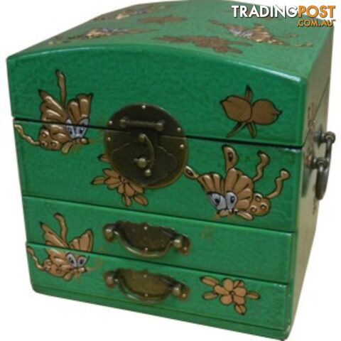 Dome Top Green Two Drawers Mirror Box - Embossed Butterflies