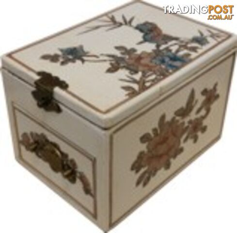 Cream Jewellery Box with Stand-Up Mirror - One Drawer Flower