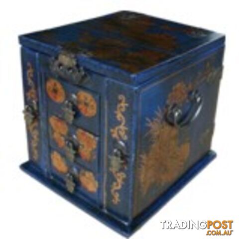 Blue Painted Made Up Jewellery Box with Stand-Up Mirror