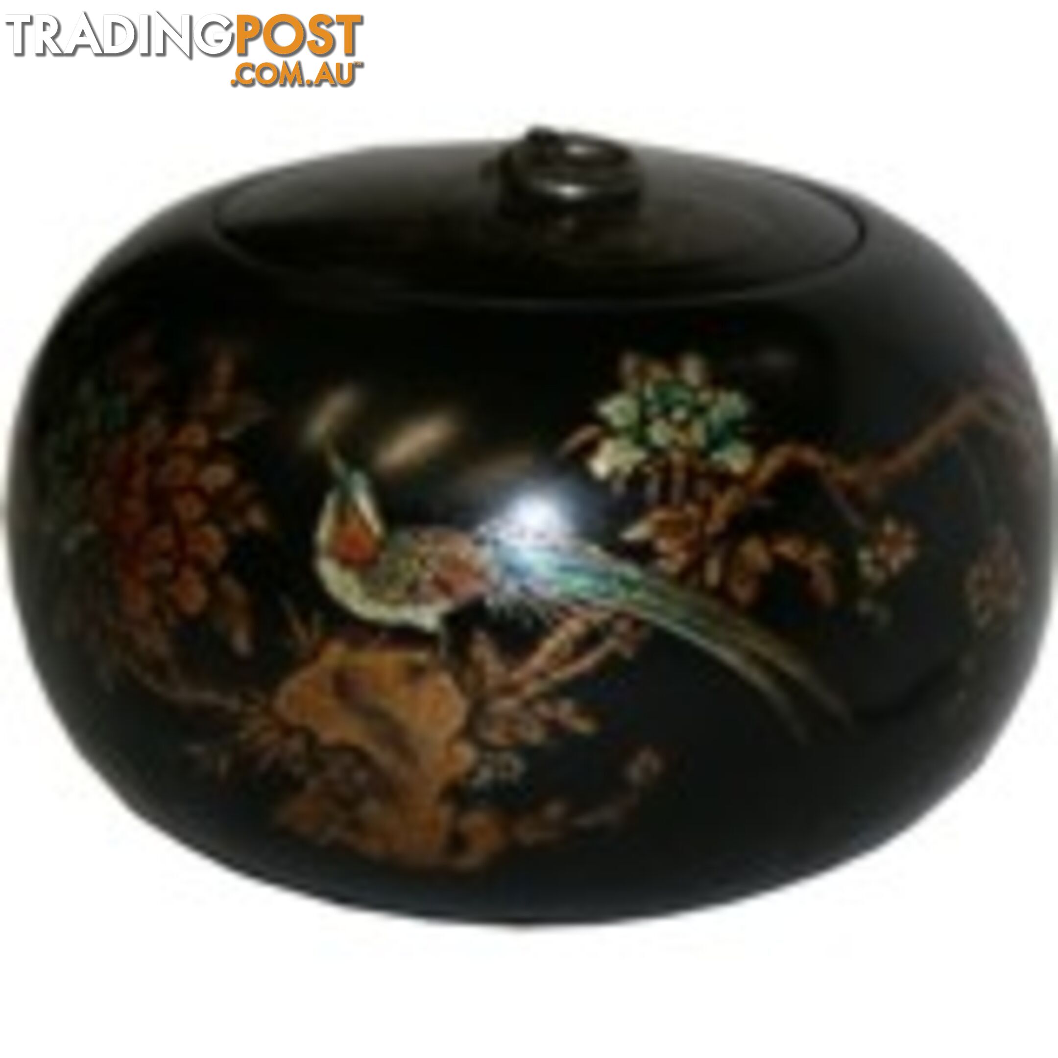 Black Hand Painted Round Oriental Wood Box