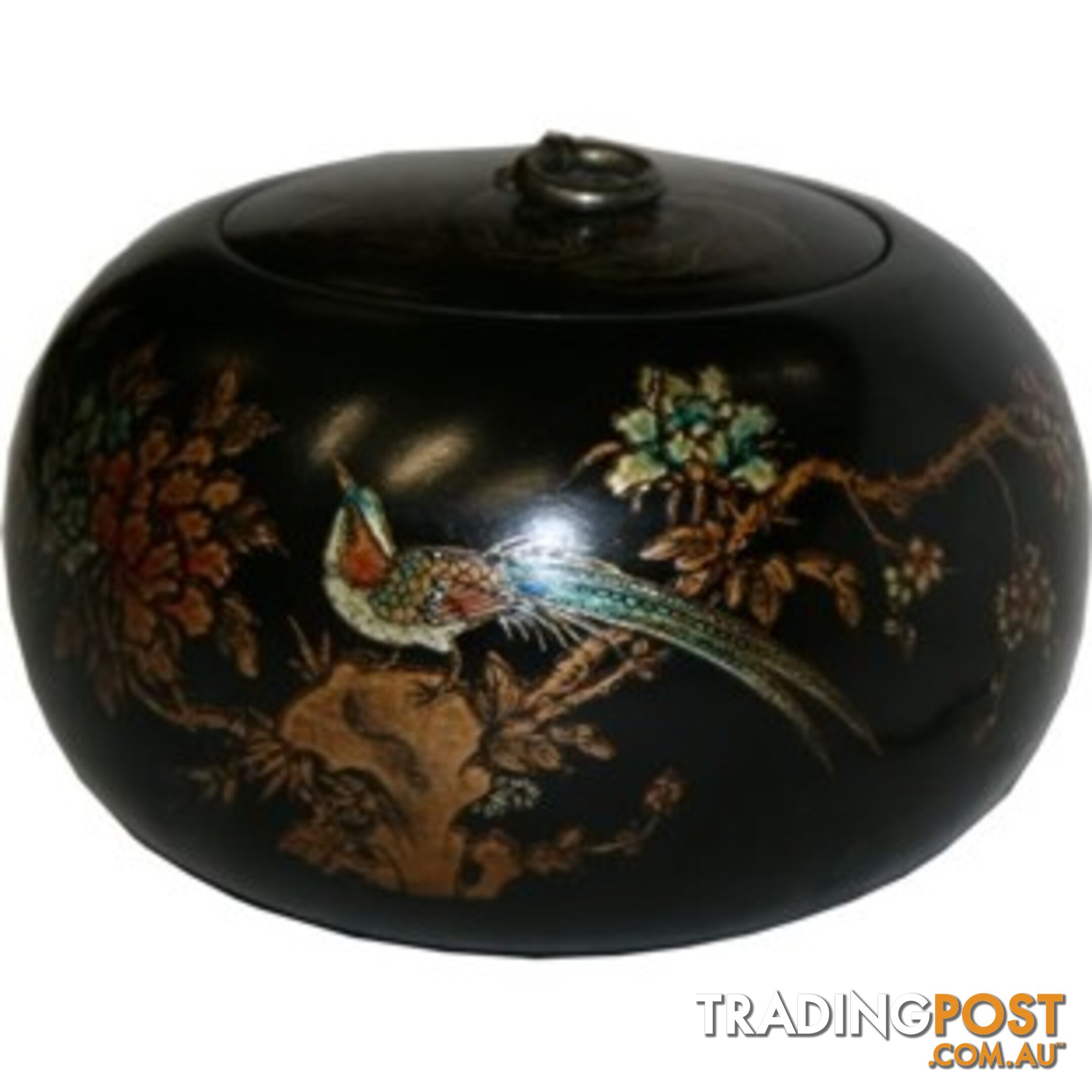 Black Hand Painted Round Oriental Wood Box