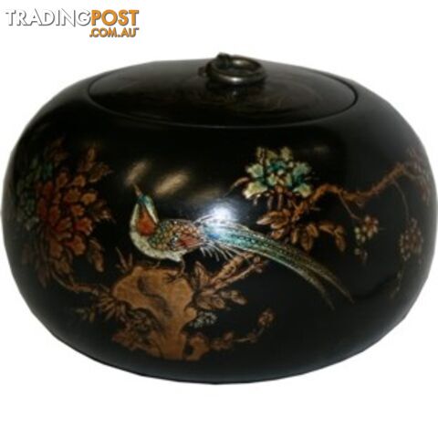 Black Hand Painted Round Oriental Wood Box