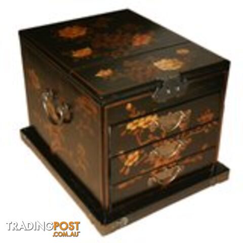 Black Chinese Jewellery Box with Stand-Up Mirror - Flower