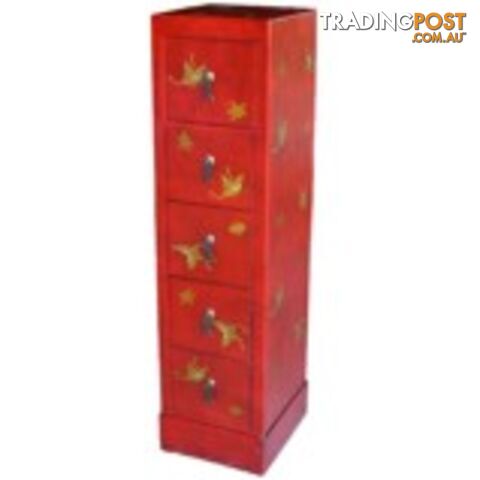 Red Oriental Embossed Butterfly DVD Tower Chest of Drawer