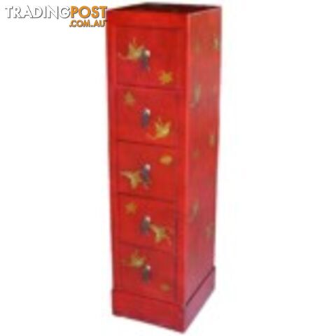 Red Oriental Embossed Butterfly DVD Tower Chest of Drawer