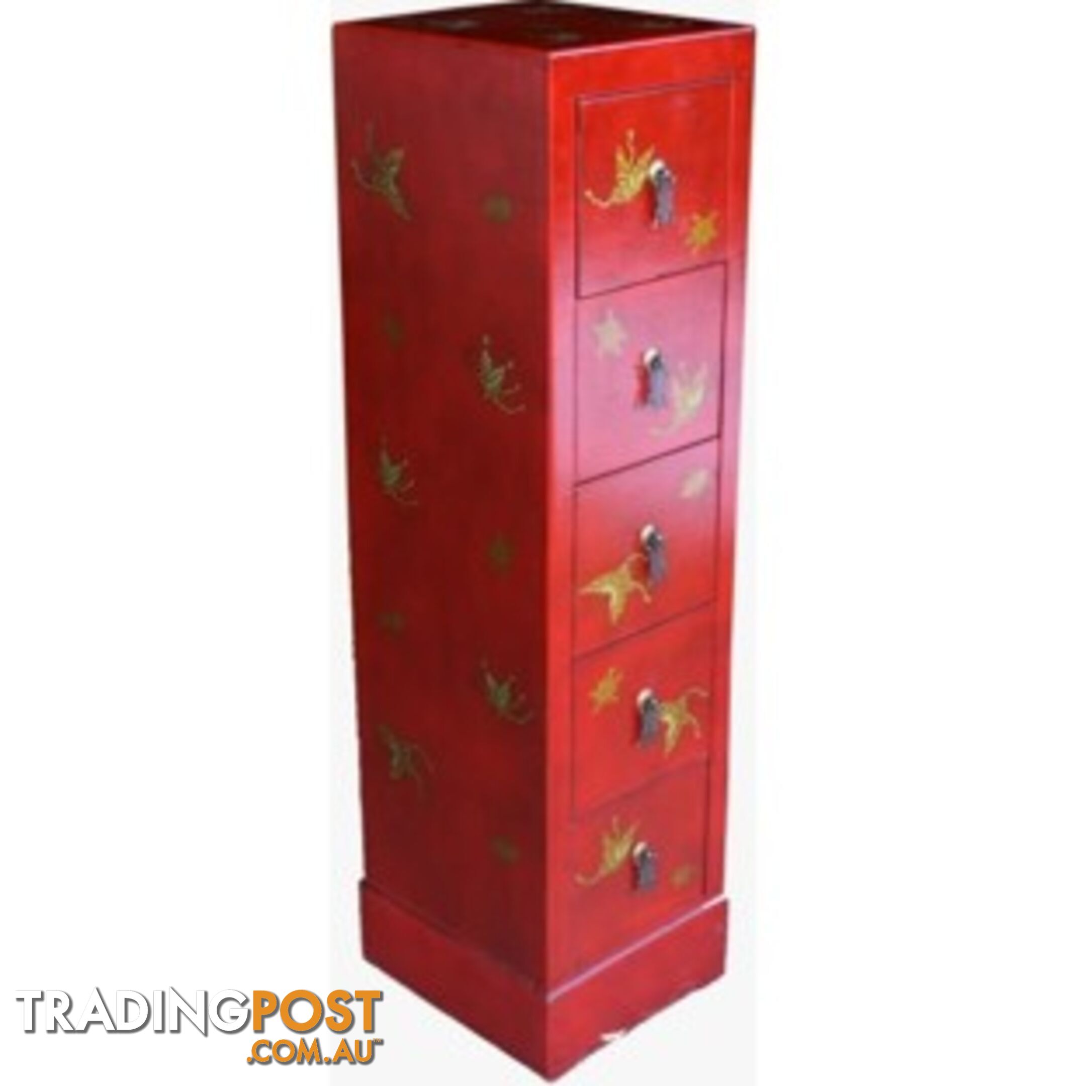 Red Oriental Embossed Butterfly DVD Tower Chest of Drawer