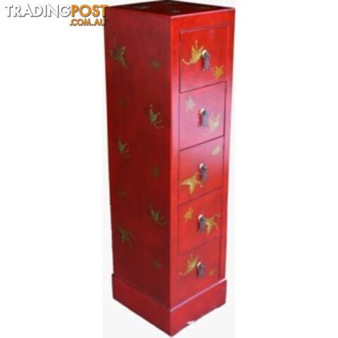 Red Oriental Embossed Butterfly DVD Tower Chest of Drawer