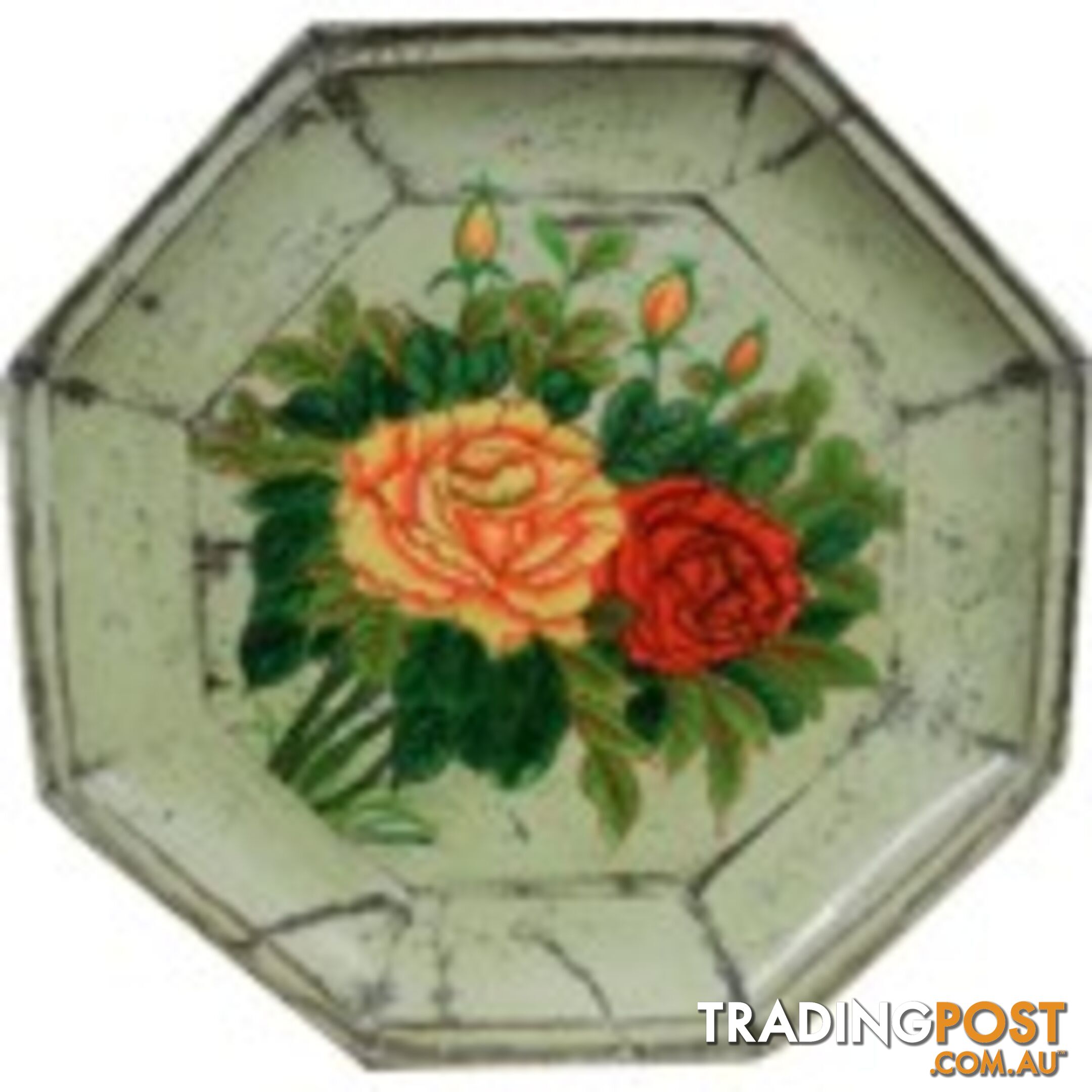 Antique Green Chinese Round Wood Tray with Gold Painting