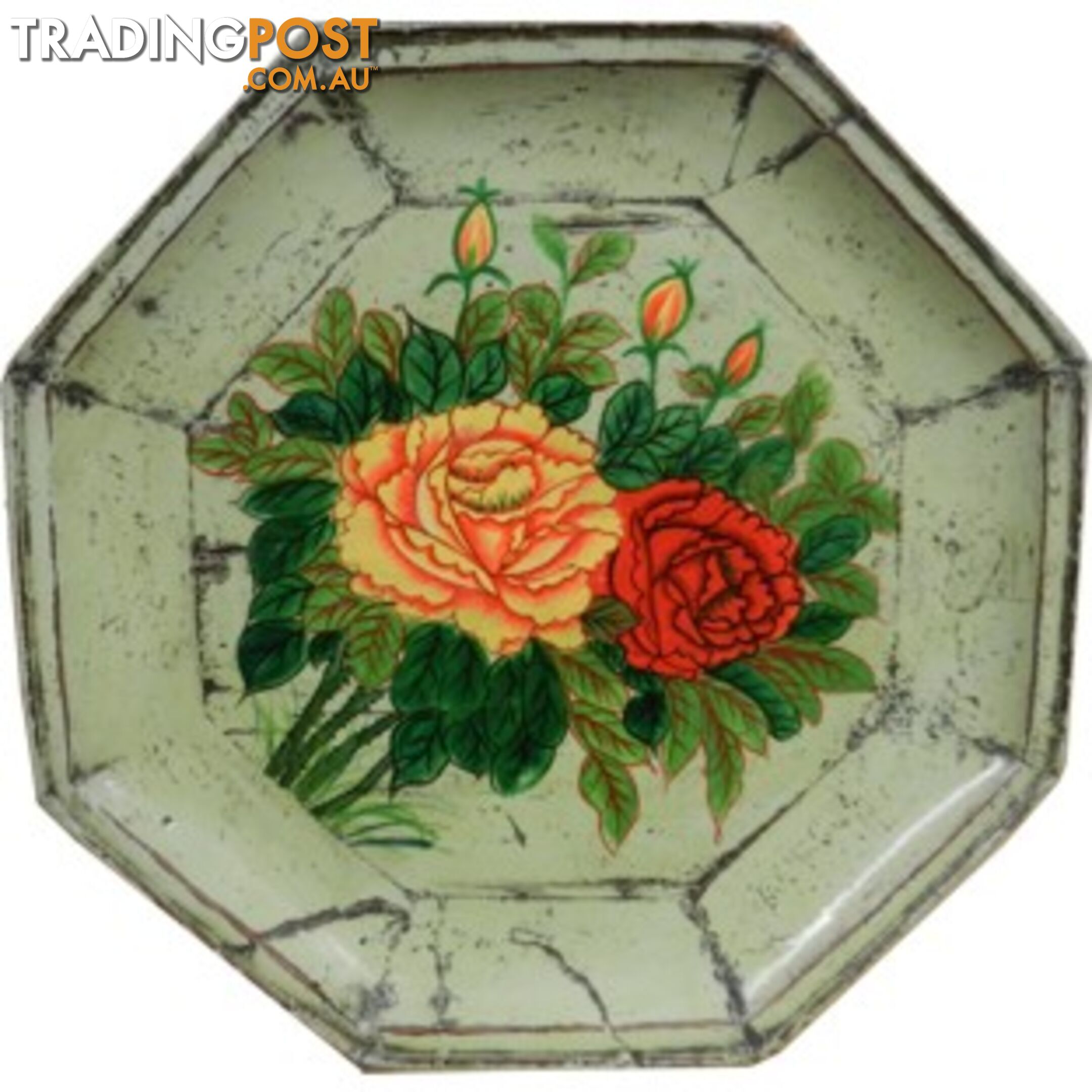 Antique Green Chinese Round Wood Tray with Gold Painting