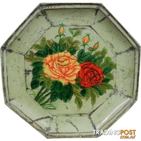 Antique Green Chinese Round Wood Tray with Gold Painting