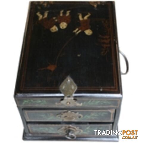 Original Painted Chinese Antique Wood Jewellery Box