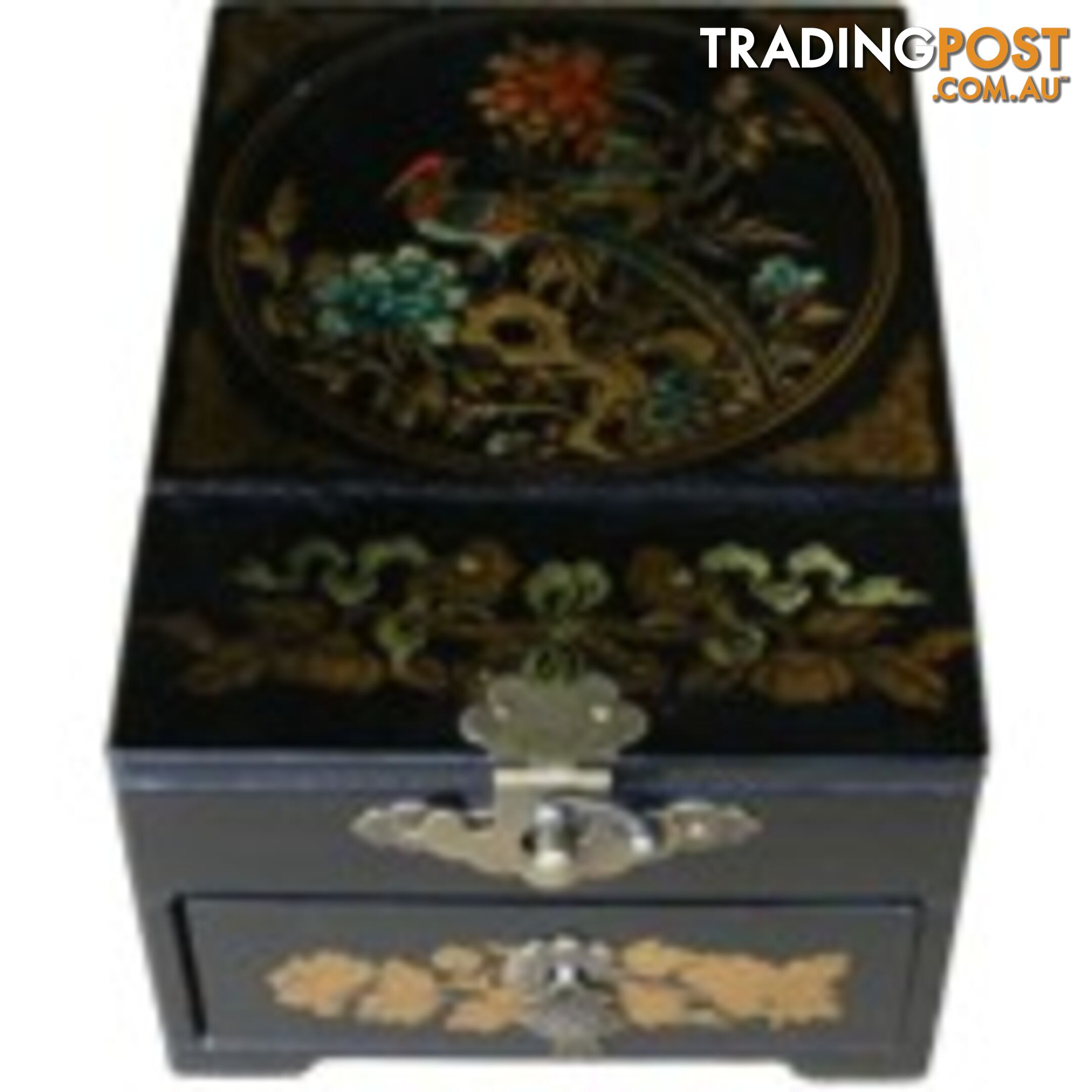 Black Jewellery Box with Stand-Up Mirror - Flower and Birds