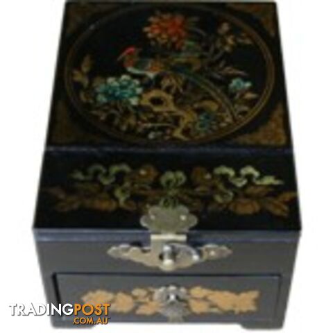 Black Jewellery Box with Stand-Up Mirror - Flower and Birds
