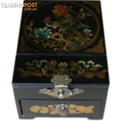 Black Jewellery Box with Stand-Up Mirror - Flower and Birds