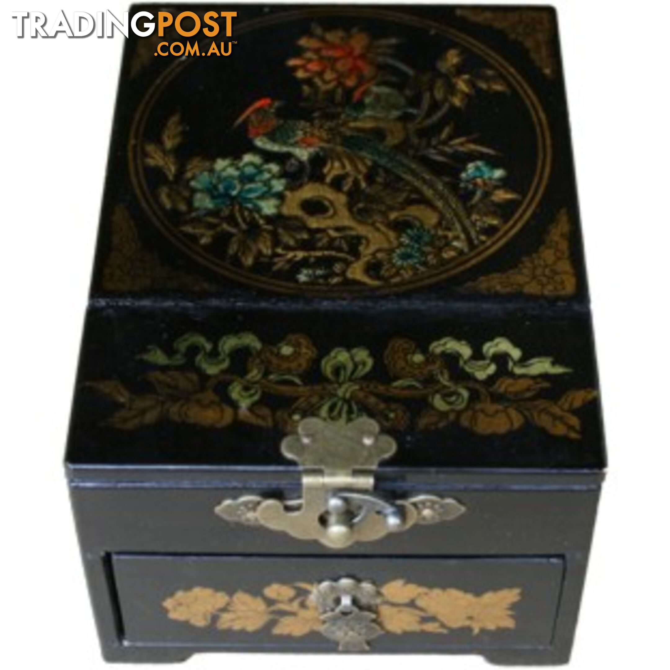 Black Jewellery Box with Stand-Up Mirror - Flower and Birds