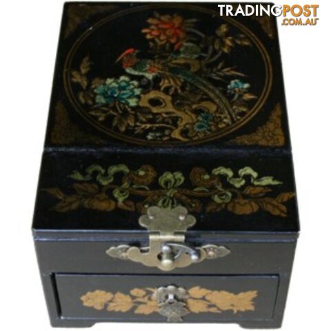 Black Jewellery Box with Stand-Up Mirror - Flower and Birds