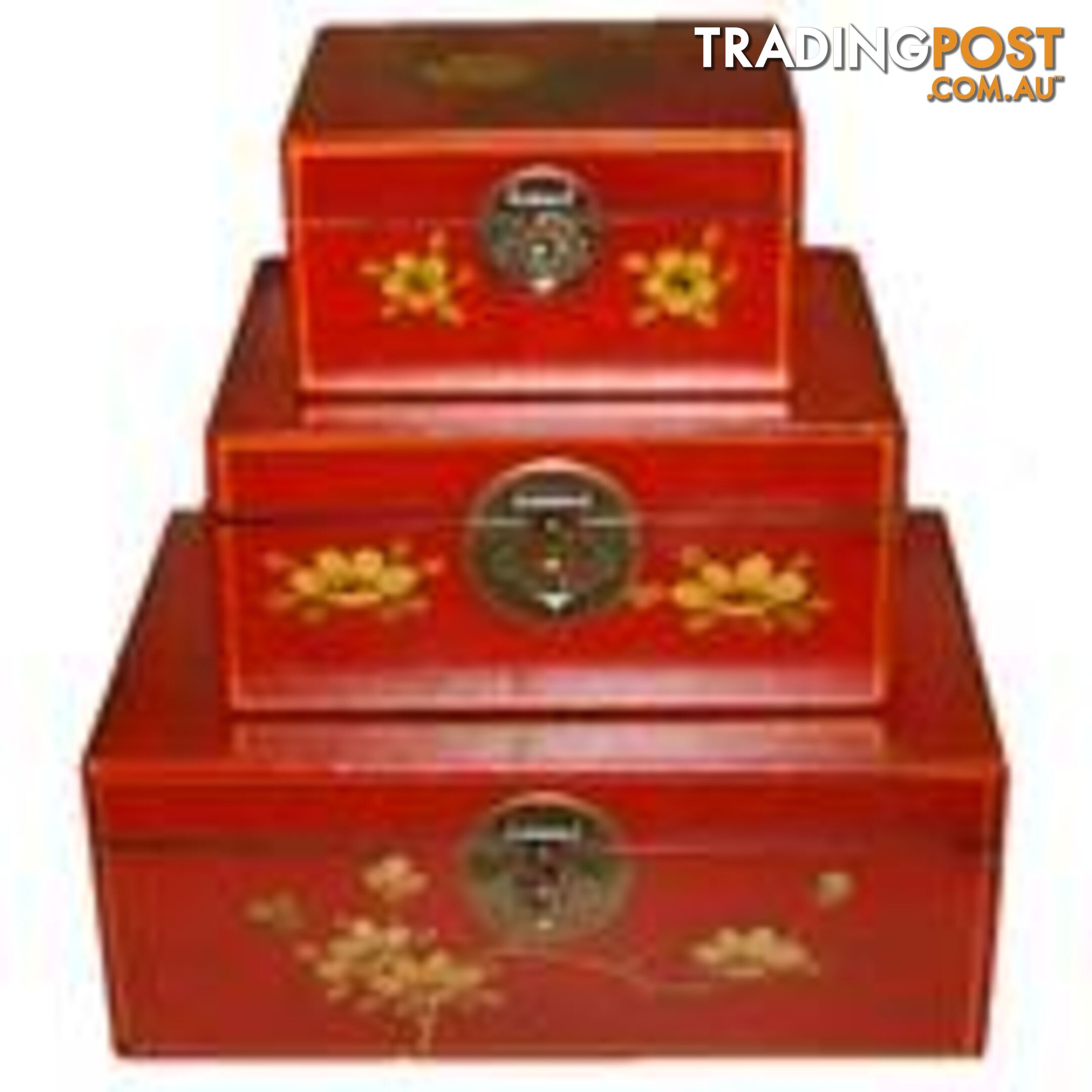 Set of 3 Red Painted Asian Box