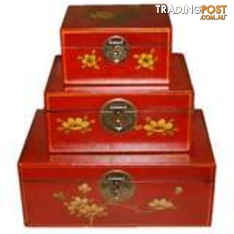 Set of 3 Red Painted Asian Box