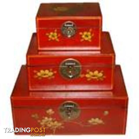 Set of 3 Red Painted Asian Box