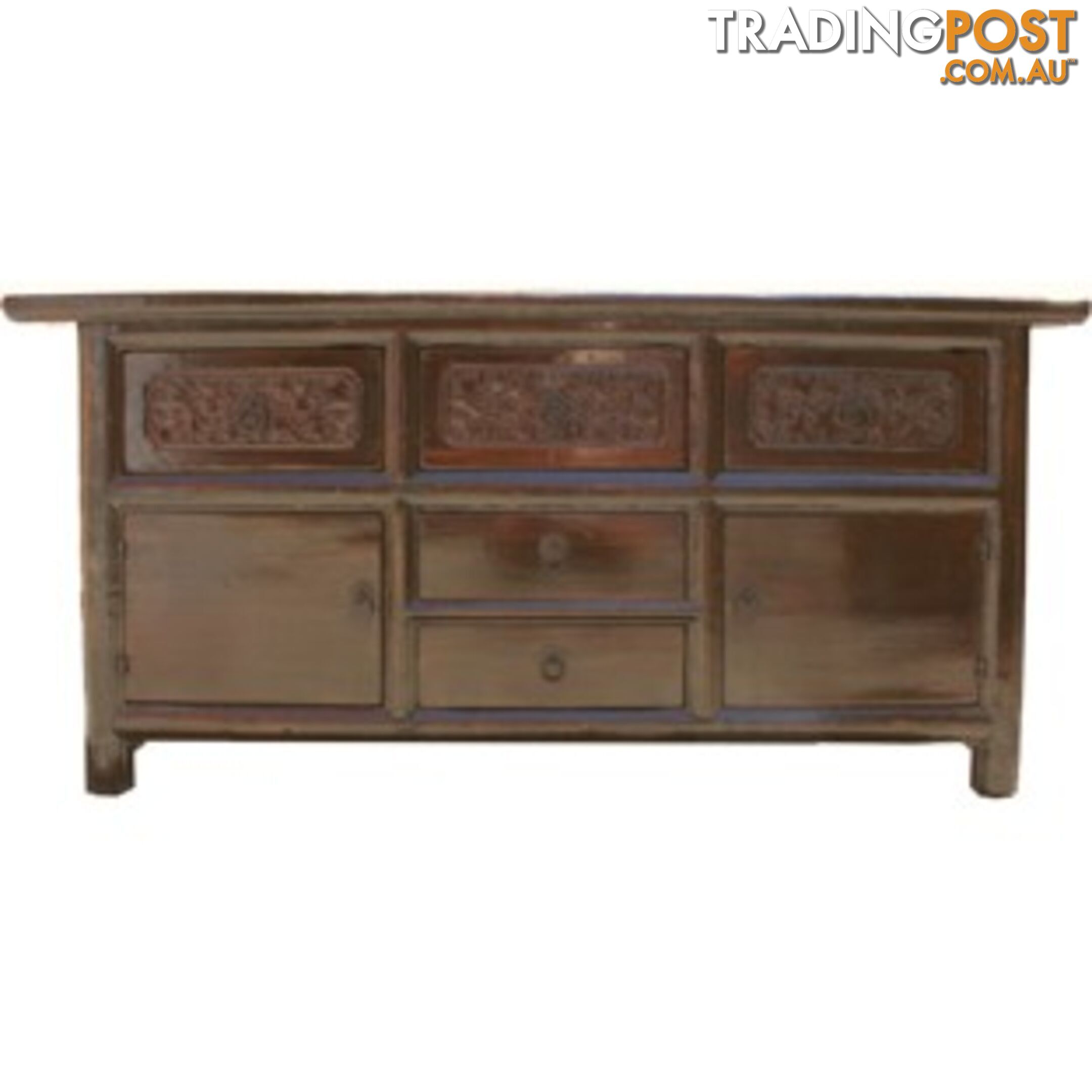 Original Carved Elm Wood Low Sideboard Buffet