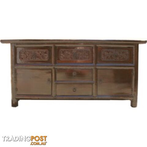 Original Carved Elm Wood Low Sideboard Buffet