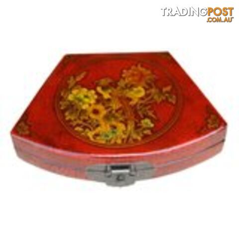Red Flora Painted Fan Shape Asian Box