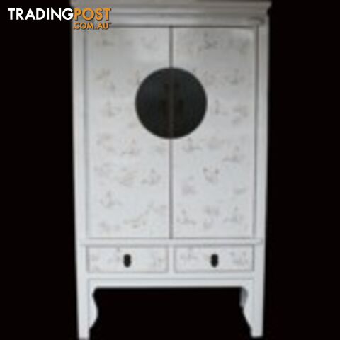 Large White Lacquer Chinese Wedding Cabinet with Butterflies Paintings