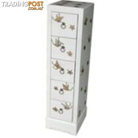 White Embossed Butterfly Chinese DVD Tower Chest of Drawer