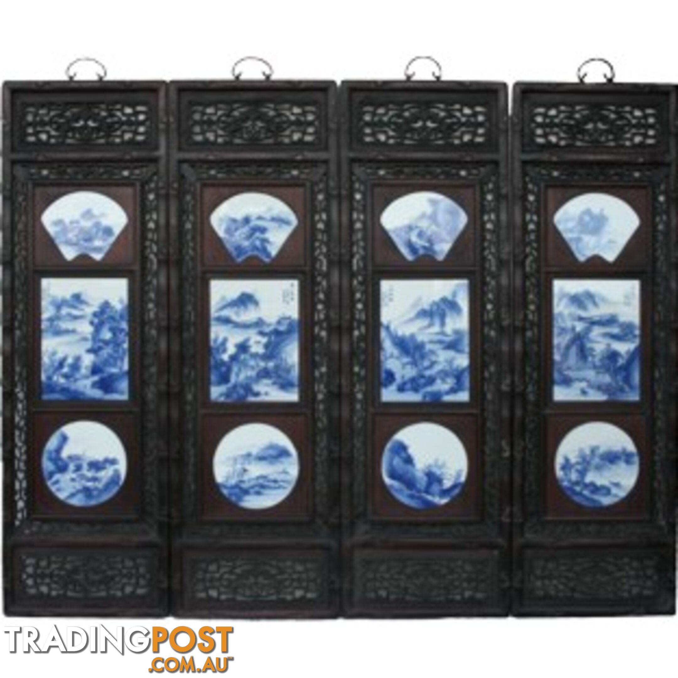 Chinese Wall Hanging Decoration-Carved Wood Panel w/Blue and White Porcelain Insert