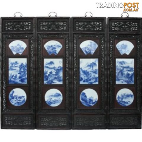 Chinese Wall Hanging Decoration-Carved Wood Panel w/Blue and White Porcelain Insert