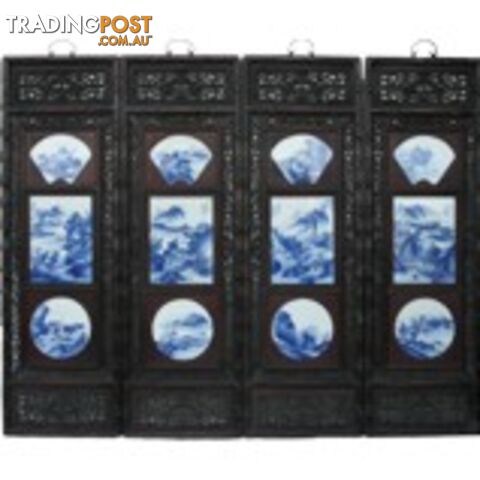 Chinese Wall Hanging Decoration-Carved Wood Panel w/Blue and White Porcelain Insert