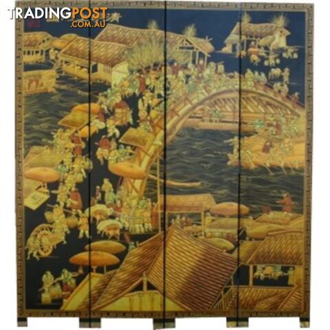 Chinese Qing Ming Festival Black Room Divider Screen