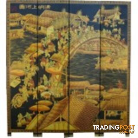 Chinese Qing Ming Festival Black Room Divider Screen