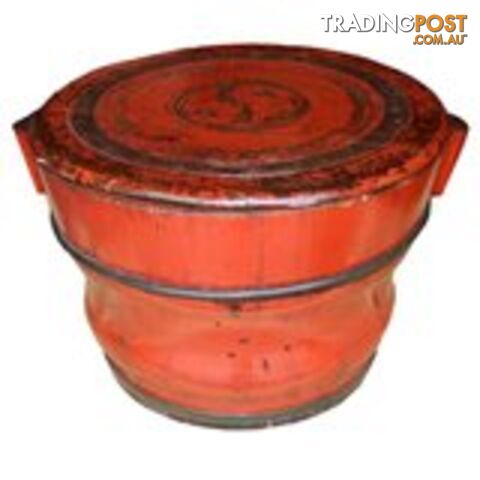 Red Original Antique Wood Barrel with Lid