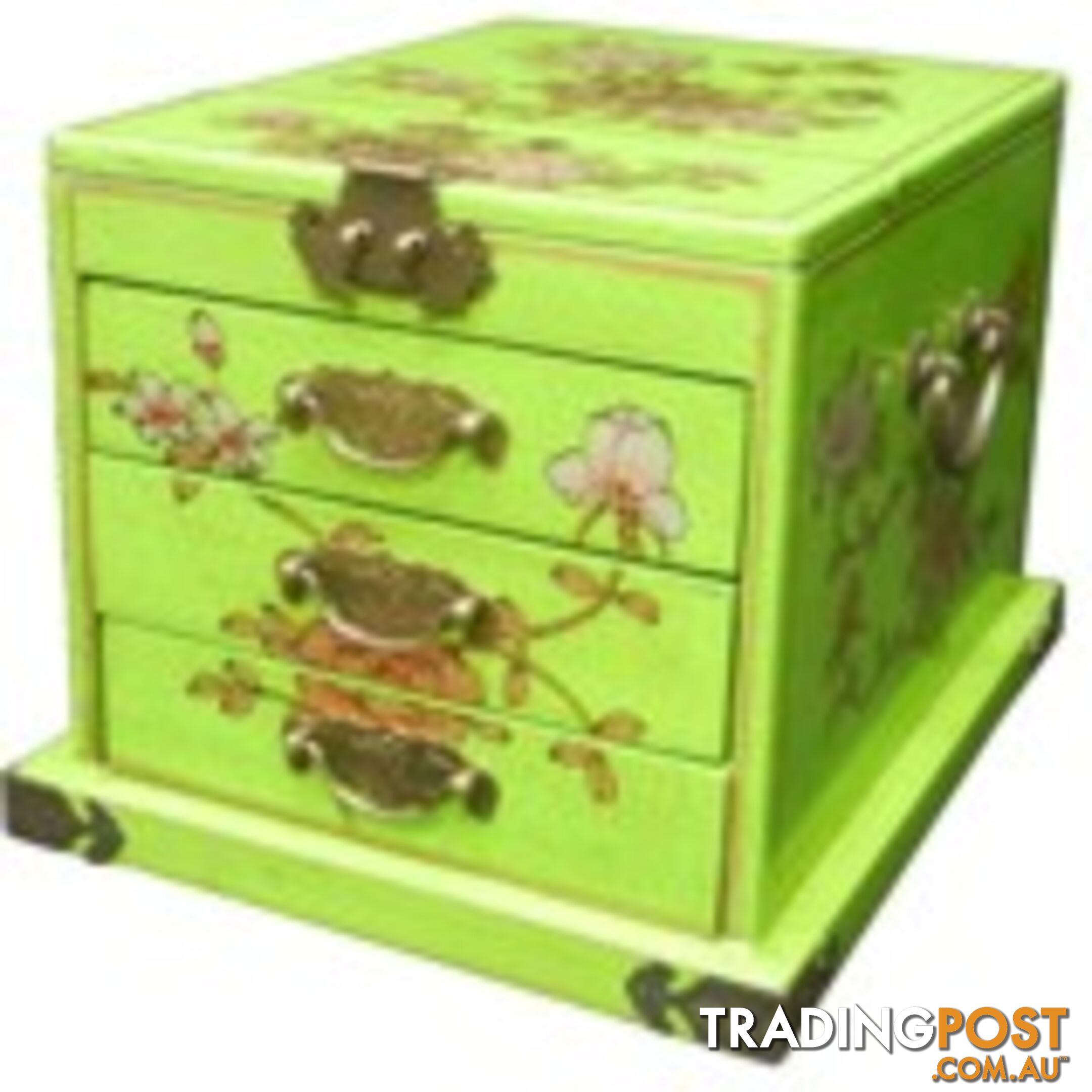 Green Chinese Jewellery Box with Stand-Up Mirror - Flower