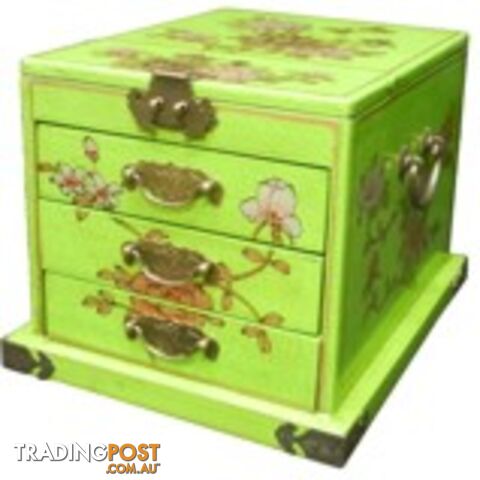 Green Chinese Jewellery Box with Stand-Up Mirror - Flower