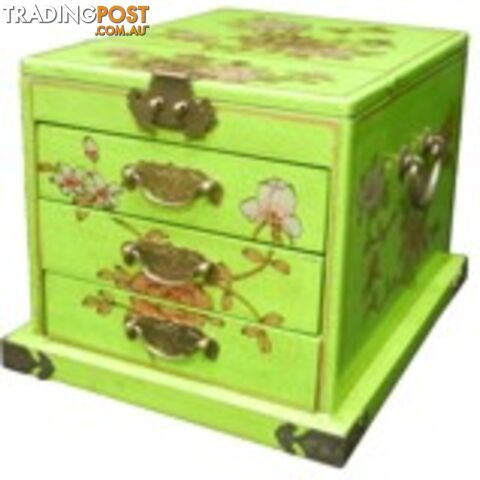 Green Chinese Jewellery Box with Stand-Up Mirror - Flower