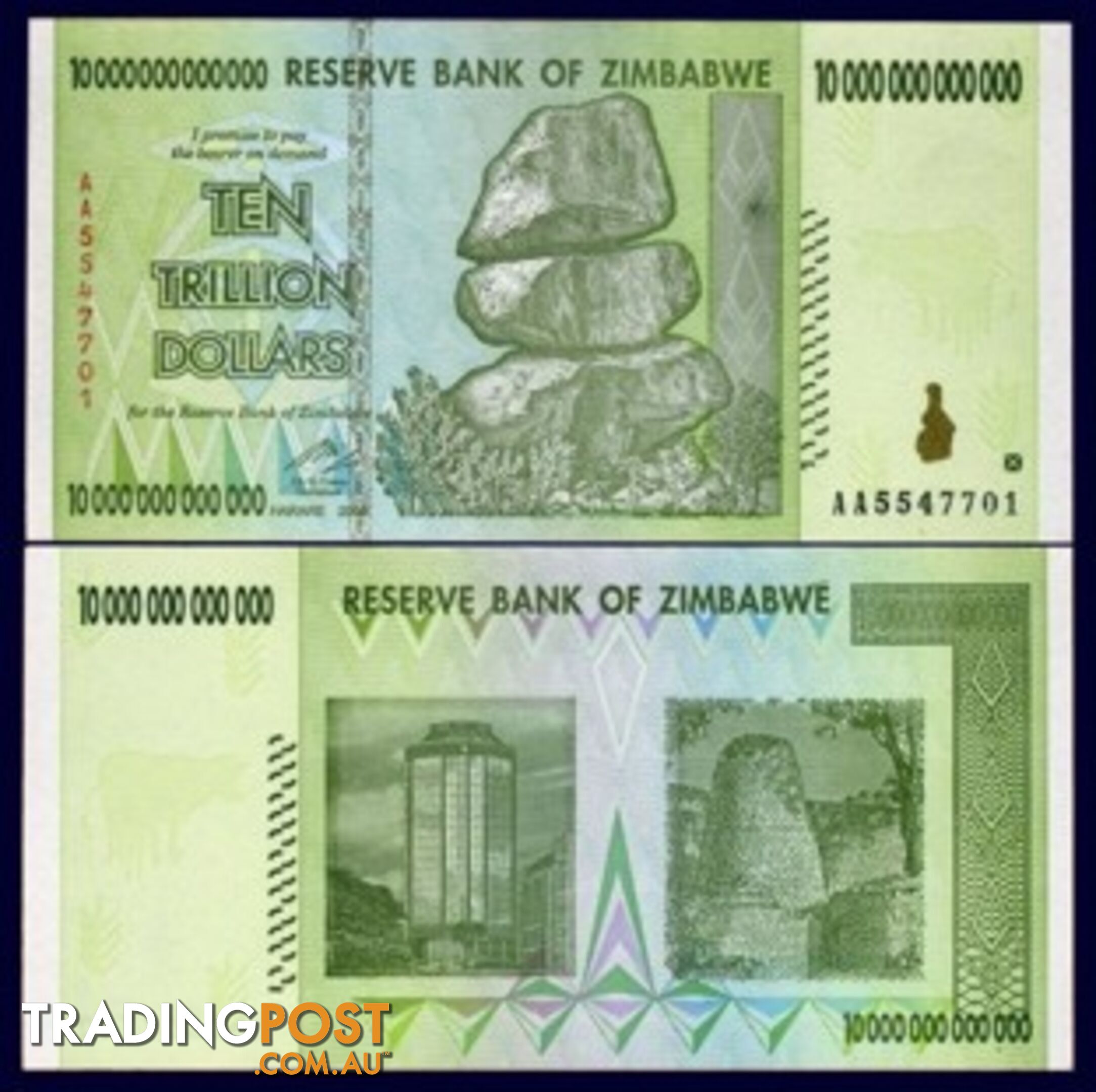 Zimbabwe 10 Trillion Banknote 2008 UNC AA++