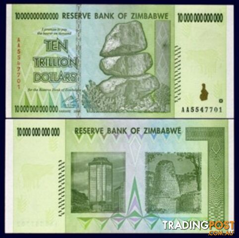 Zimbabwe 10 Trillion Banknote 2008 UNC AA++