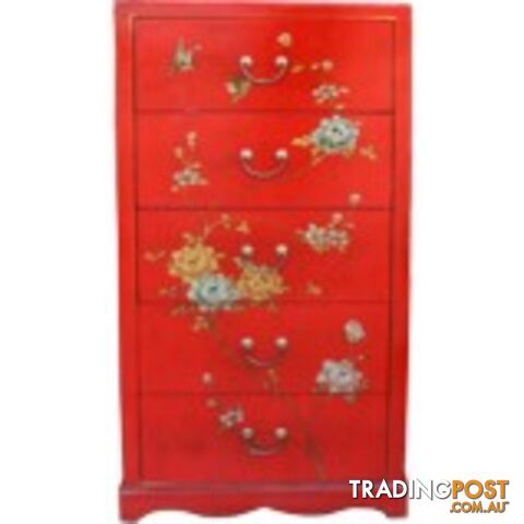Tall Boy Red Painted Chinese Chest of 5 Drawers