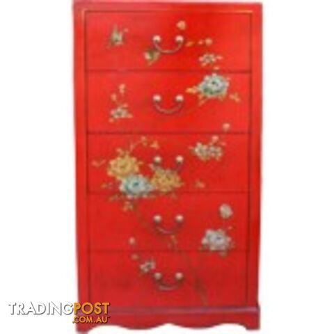 Tall Boy Red Painted Chinese Chest of 5 Drawers